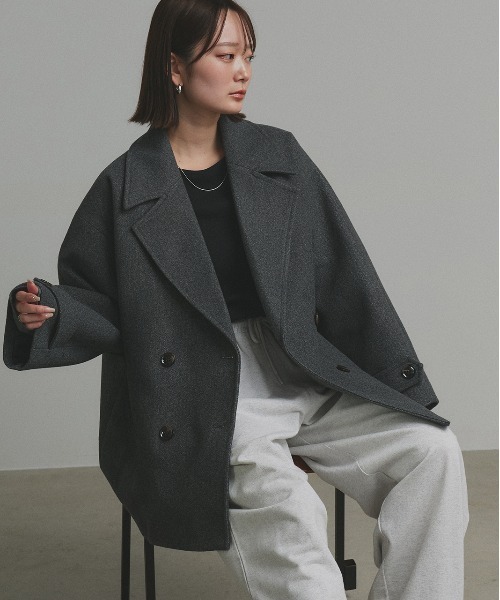 黒 ウール ピーコート オーバーサイズ セール】ウールタッチ オーバーPコート ジャコット（ピーコート）｜ad
