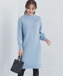 ◆《5color》ブローチ付き 畦編みニットワンピース【洗濯機洗い可】