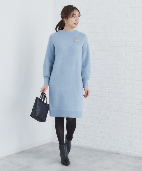 index（インデックス）の「◆《5color》ブローチ付き 畦編みニットワンピース【洗濯機洗い可】（ワンピース・レディース・ブラック系7/ベージュ/ネイビー/ライトグレー/サックスブルー系7・00）」の15枚目の写真