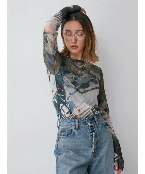 tシャツ シアープリントチュールロングスリーブTee レディース セール】シアープリントチュールロングスリーブTee（Tシャツ
