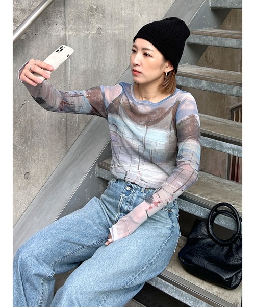 tシャツ シアープリントチュールロングスリーブTee レディース セール】シアープリントチュールロングスリーブTee（Tシャツ