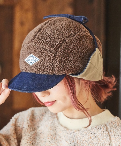 CUBE SUGAR（キューブシュガー）の「ボア×スウェット×デニムフライトキャップ（キャップ・レディース・チャコールグレー/ブラウン/ナチュラル・M）」の3枚目の写真