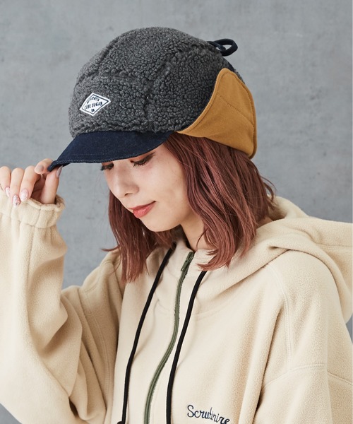 CUBE SUGAR（キューブシュガー）の「ボア×スウェット×デニムフライトキャップ（キャップ・レディース・チャコールグレー/ブラウン/ナチュラル・M）」の8枚目の写真