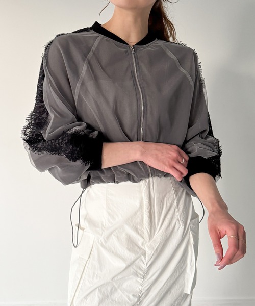 【人気】ランバンコレクション シアーブルゾン シースルー レースコンビブルゾン シアージップアップブルゾン | LANVIN en Bleu (Women)/ランバン