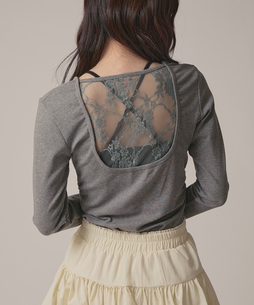 BLANK (ブランク)の「▲Side Gather Lace Tops / サイドギャザーレーストップス(Tシャツ/カットソー・レディース・グレー/ブラック/ホワイト・FREE)」の2枚目の写真