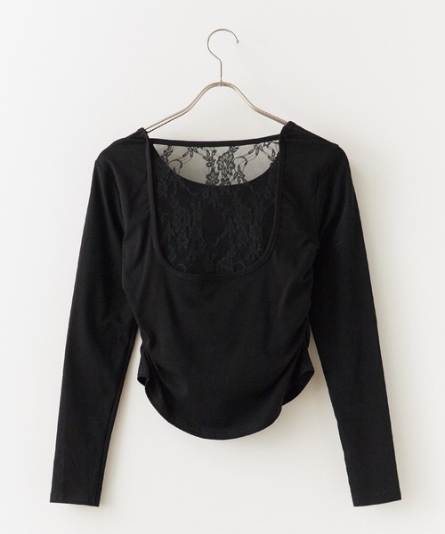 BLANK (ブランク)の「▲Side Gather Lace Tops / サイドギャザーレーストップス(Tシャツ/カットソー・レディース・グレー/ブラック/ホワイト・FREE)」の5枚目の写真