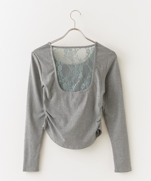 BLANK (ブランク)の「▲Side Gather Lace Tops / サイドギャザーレーストップス(Tシャツ/カットソー・レディース・グレー/ブラック/ホワイト・FREE)」の6枚目の写真