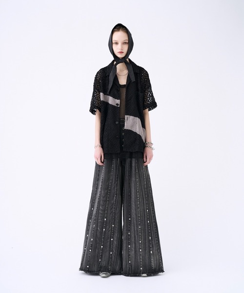 seyto（セイト）の「Studs pin stripe wide flare denim pants