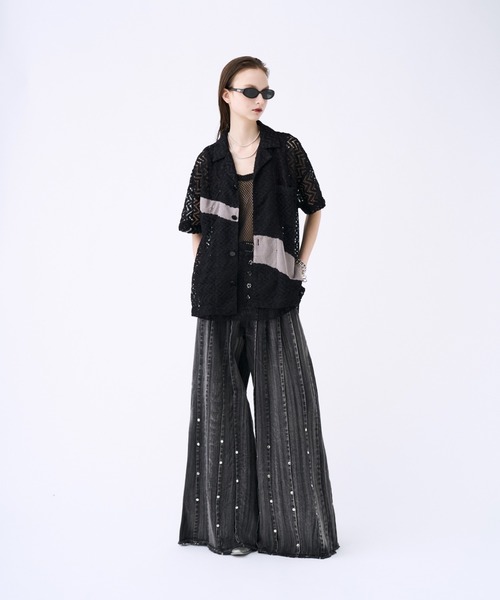 Studs pin stripe wide flare denim pants / スタッズピン