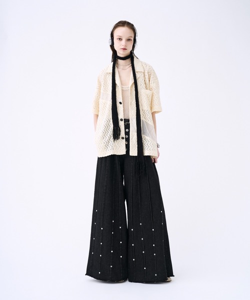 Studs pin stripe wide flare denim pants / スタッズピン