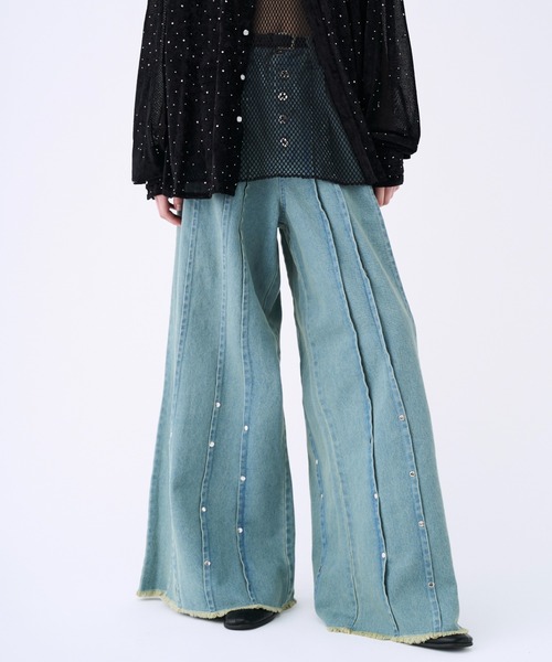 seyto サイズ1 / スタッズピンストライプワイドフレアデニムパンツ セール】Studs pin stripe wide flare denim pants / スタッズ