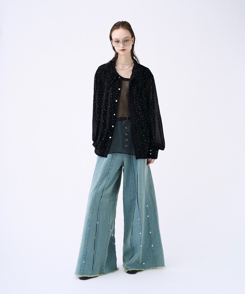 seyto サイズ1 / スタッズピンストライプワイドフレアデニムパンツ セール】Studs pin stripe wide flare denim pants / スタッズ
