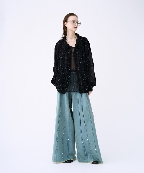 seyto サイズ1 / スタッズピンストライプワイドフレアデニムパンツ Studs pin stripe wide flare denim pants / スタッズピン