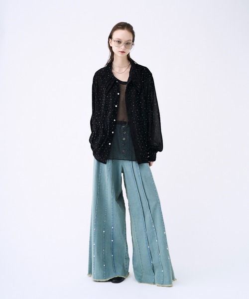 seyto（セイト）の「Studs pin stripe wide flare denim pants