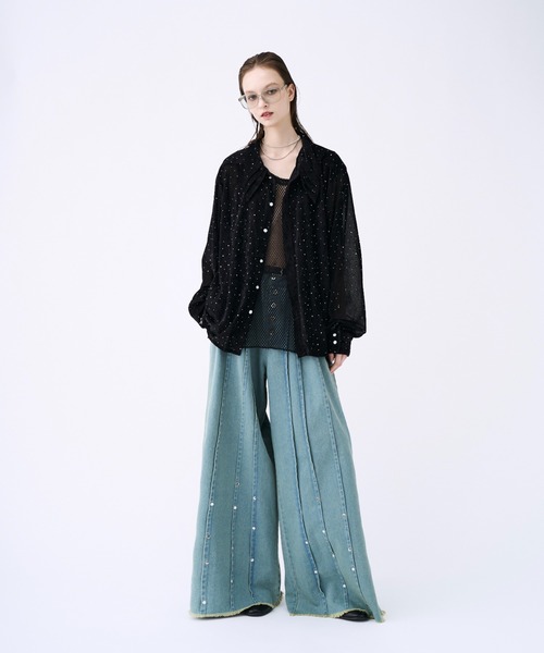 seyto サイズ0 / スタッズピンストライプワイドフレアデニムパンツ Studs pin stripe wide flare denim pants / スタッズピン