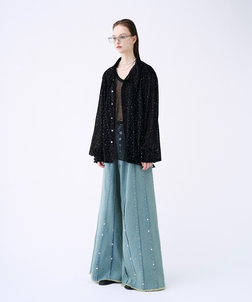 Studs pin stripe wide flare denim pants / スタッズピン
