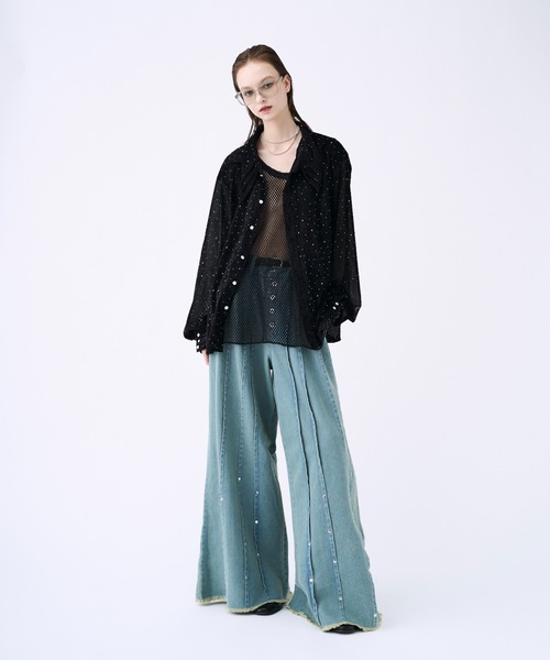 seyto サイズ1 / スタッズピンストライプワイドフレアデニムパンツ Studs pin stripe wide flare denim pants / スタッズピン