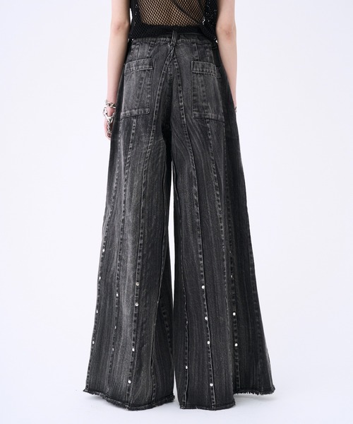 Studs pin stripe wide flare denim pants / スタッズピン