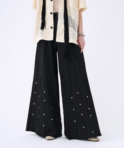 パンツ wrst Flare denim layered pants セール】Super wide flare tack denim pants / スーパーワイド