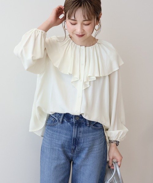 AMERICAN HOLIC（アメリカンホリック）の「サラックール衿フリルラグランブラウス（シャツ/ブラウス・レディース・ブラック/アイボリー・L/M）」の2枚目の写真