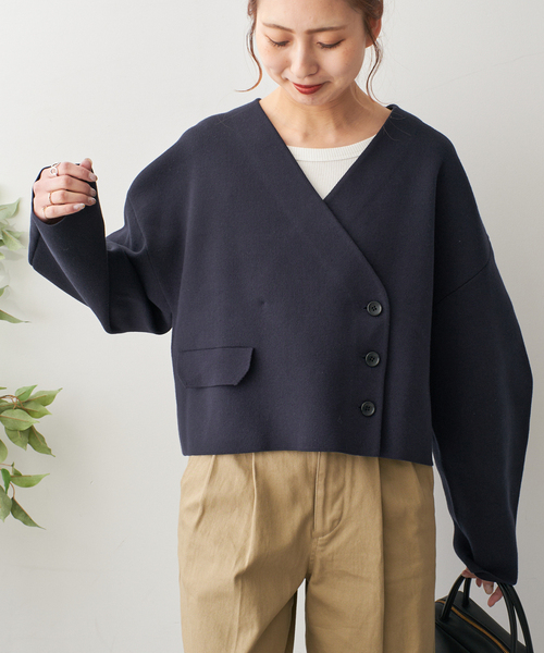 Spick & Span(スピックアンドスパン)の「Vネックニットジャケット(カーディガン/ボレロ・レディース・ネイビー/ホワイト・FREE)」の2枚目の写真