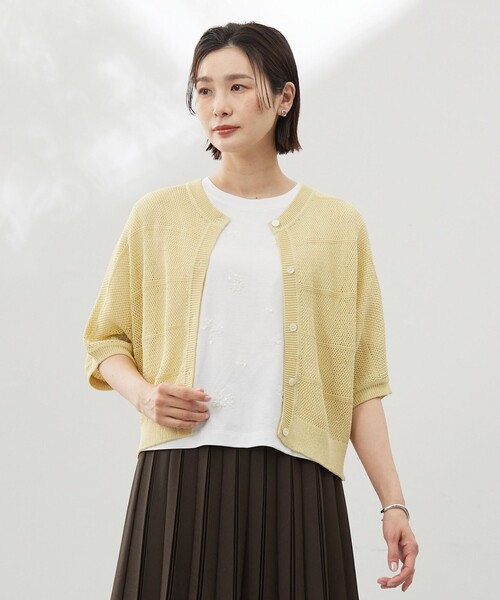 J.PRESS(ジェイプレス)の「【洗える】PATTERN MESH ドルマンスリーブ カーディガン(カーディガン/ボレロ・レディース・ふじ色系/アイボリー系/ネイビー系/イエロー系・T13/T15)」の4枚目の写真