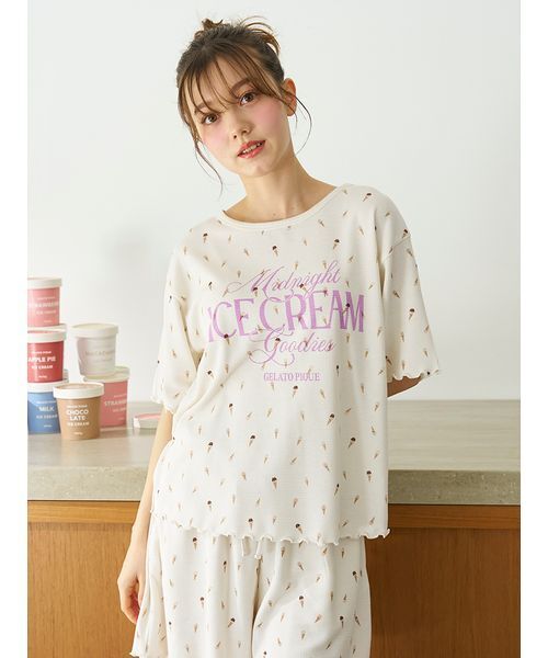 最終値下げ！！新品未使用タグ付き　GELATO PIQUE アイス　ルームウェア セール】【接触冷感】アイス柄ワッフルプルオーバー（ルーム