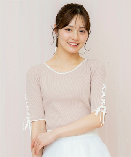 WILLSELECTION（ウィルセレクション）の「袖レースアップニット（ニット/セーター・レディース・オフホワイト/ピンク/ブラック・FREE）」の3枚目の写真