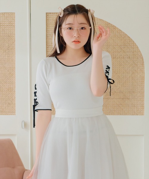 WILLSELECTION（ウィルセレクション）の「袖レースアップニット（ニット/セーター・レディース・オフホワイト/ピンク/ブラック・FREE）」の5枚目の写真