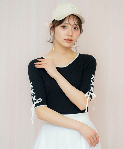 WILLSELECTION（ウィルセレクション）の「袖レースアップニット（ニット/セーター・レディース・オフホワイト/ピンク/ブラック・FREE）」の7枚目の写真