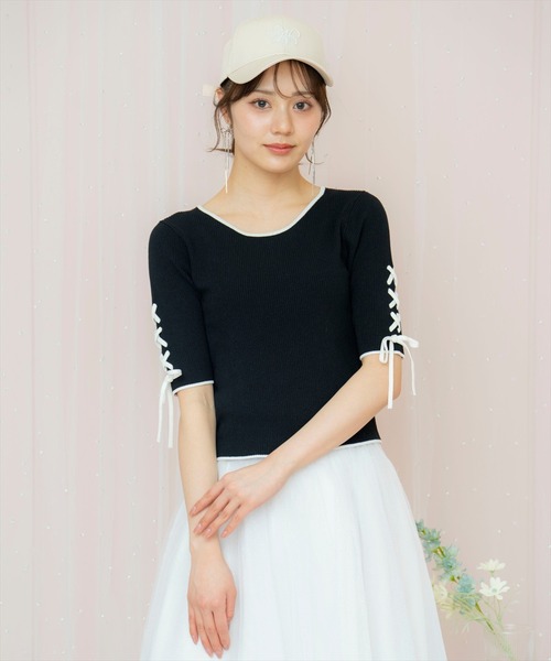 WILLSELECTION（ウィルセレクション）の「袖レースアップニット（ニット/セーター・レディース・オフホワイト/ピンク/ブラック・FREE）」の9枚目の写真