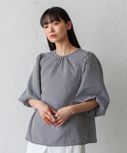 No Rule No Line（ノール－ルノーライン）の「2wayギンガムチェックバルーン袖トップス バルーンシャツ バッグリボン ボリューム袖 シャツ（シャツ/ブラウス・レディース・ネイビー/ブラック・FREE）」の6枚目の写真