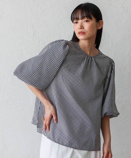 No Rule No Line（ノール－ルノーライン）の「2wayギンガムチェックバルーン袖トップス バルーンシャツ バッグリボン ボリューム袖 シャツ（シャツ/ブラウス・レディース・ネイビー/ブラック・FREE）」の7枚目の写真