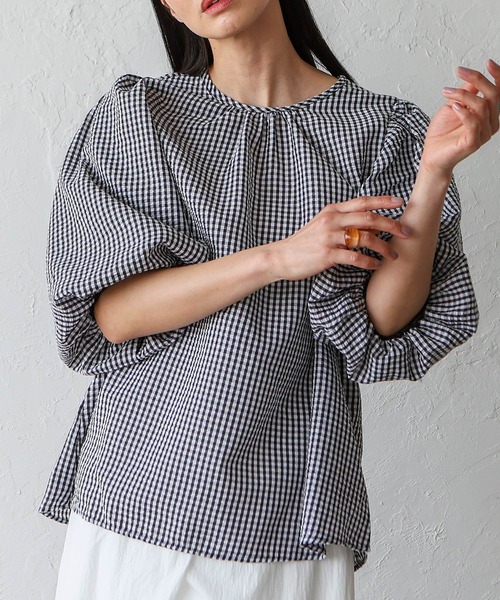 No Rule No Line（ノール－ルノーライン）の「2wayギンガムチェックバルーン袖トップス バルーンシャツ バッグリボン ボリューム袖 シャツ（シャツ/ブラウス・レディース・ネイビー/ブラック・FREE）」の5枚目の写真