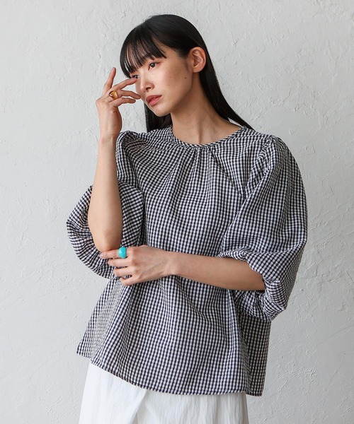 No Rule No Line（ノール－ルノーライン）の「2wayギンガムチェックバルーン袖トップス バルーンシャツ バッグリボン ボリューム袖 シャツ（シャツ/ブラウス・レディース・ネイビー/ブラック・FREE）」の8枚目の写真