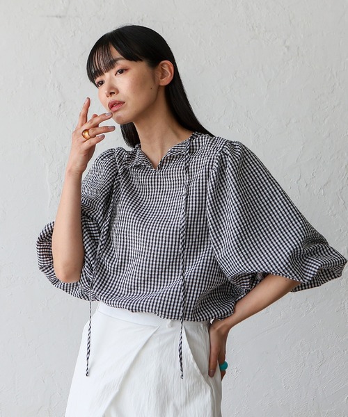 No Rule No Line（ノール－ルノーライン）の「2wayギンガムチェックバルーン袖トップス バルーンシャツ バッグリボン ボリューム袖 シャツ（シャツ/ブラウス・レディース・ネイビー/ブラック・FREE）」の10枚目の写真