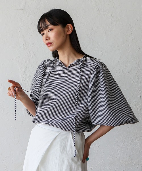 No Rule No Line（ノール－ルノーライン）の「2wayギンガムチェックバルーン袖トップス バルーンシャツ バッグリボン ボリューム袖 シャツ（シャツ/ブラウス・レディース・ネイビー/ブラック・FREE）」の11枚目の写真