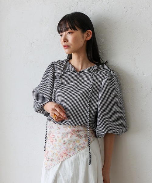 No Rule No Line（ノール－ルノーライン）の「2wayギンガムチェックバルーン袖トップス バルーンシャツ バッグリボン ボリューム袖 シャツ（シャツ/ブラウス・レディース・ネイビー/ブラック・FREE）」の12枚目の写真