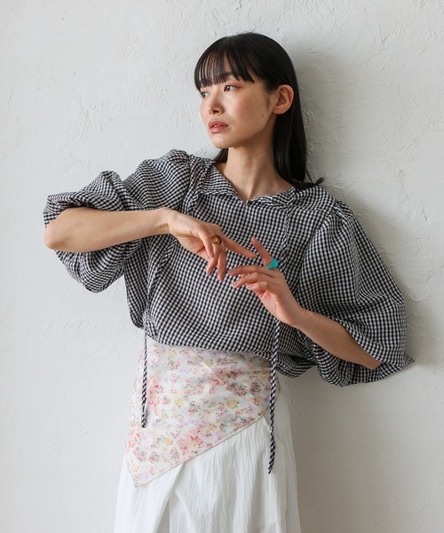 No Rule No Line（ノール－ルノーライン）の「2wayギンガムチェックバルーン袖トップス バルーンシャツ バッグリボン ボリューム袖 シャツ（シャツ/ブラウス・レディース・ネイビー/ブラック・FREE）」の13枚目の写真
