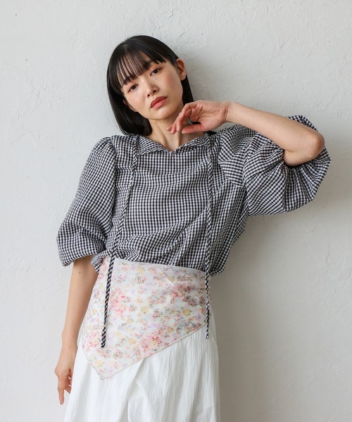 No Rule No Line（ノール－ルノーライン）の「2wayギンガムチェックバルーン袖トップス バルーンシャツ バッグリボン ボリューム袖 シャツ（シャツ/ブラウス・レディース・ネイビー/ブラック・FREE）」の14枚目の写真