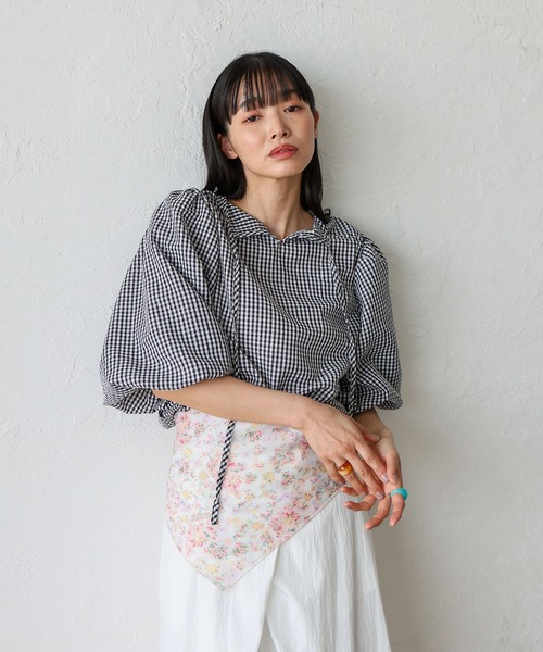 No Rule No Line（ノール－ルノーライン）の「2wayギンガムチェックバルーン袖トップス バルーンシャツ バッグリボン ボリューム袖 シャツ（シャツ/ブラウス・レディース・ネイビー/ブラック・FREE）」の16枚目の写真
