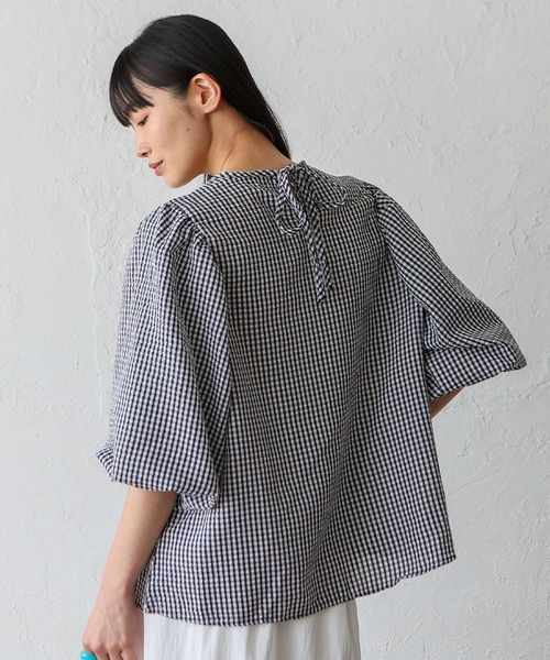 No Rule No Line（ノール－ルノーライン）の「2wayギンガムチェックバルーン袖トップス バルーンシャツ バッグリボン ボリューム袖 シャツ（シャツ/ブラウス・レディース・ネイビー/ブラック・FREE）」の17枚目の写真