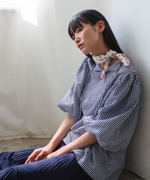 No Rule No Line（ノール－ルノーライン）の「2wayギンガムチェックバルーン袖トップス バルーンシャツ バッグリボン ボリューム袖 シャツ（シャツ/ブラウス・レディース・ネイビー/ブラック・FREE）」の4枚目の写真