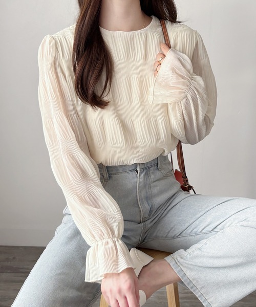 Amulet(アミュレット)の「大人の装い◎きちんと感もプラスして。ラウンドネックシアーシフォンブラウス(シャツ/ブラウス・レディース・アイボリー/ブラック/ホワイト・L/M)」の2枚目の写真