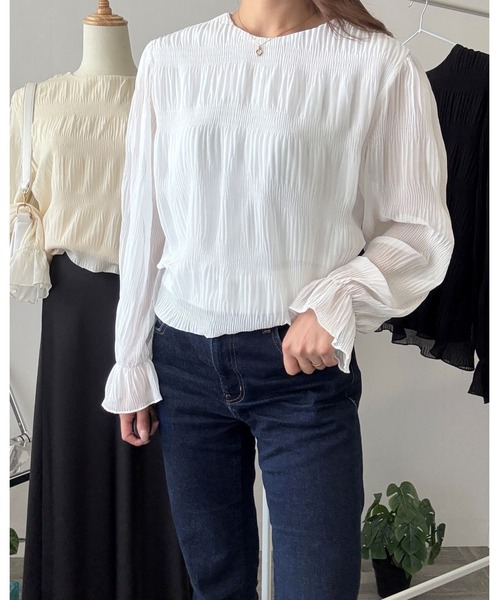Amulet(アミュレット)の「大人の装い◎きちんと感もプラスして。ラウンドネックシアーシフォンブラウス(シャツ/ブラウス・レディース・アイボリー/ブラック/ホワイト・L/M)」の4枚目の写真