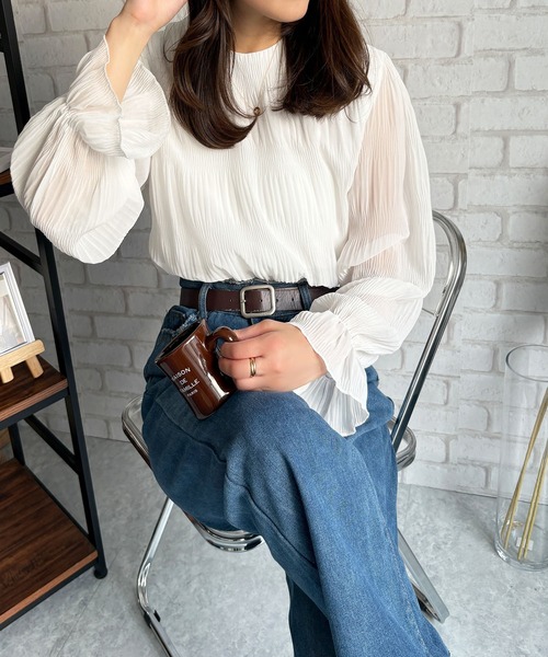 Amulet(アミュレット)の「大人の装い◎きちんと感もプラスして。ラウンドネックシアーシフォンブラウス(シャツ/ブラウス・レディース・アイボリー/ブラック/ホワイト・L/M)」の9枚目の写真