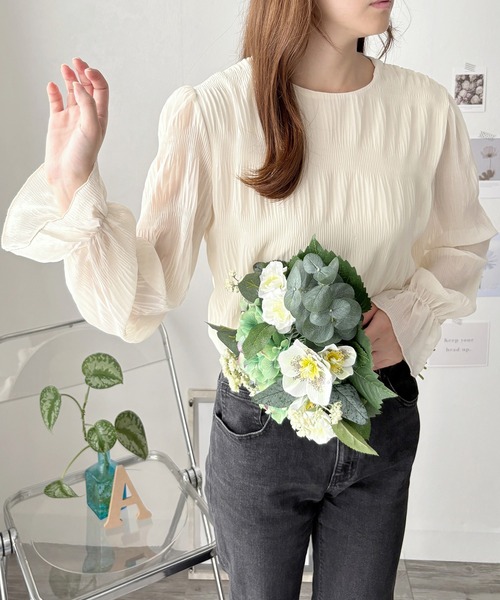 Amulet(アミュレット)の「大人の装い◎きちんと感もプラスして。ラウンドネックシアーシフォンブラウス(シャツ/ブラウス・レディース・アイボリー/ブラック/ホワイト・L/M)」の20枚目の写真