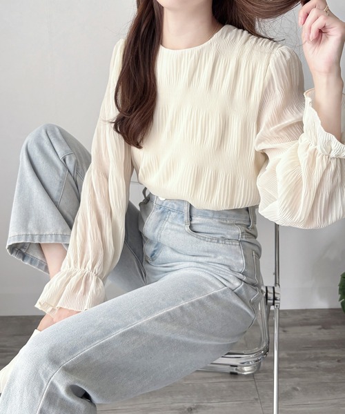 Amulet(アミュレット)の「大人の装い◎きちんと感もプラスして。ラウンドネックシアーシフォンブラウス(シャツ/ブラウス・レディース・アイボリー/ブラック/ホワイト・L/M)」の16枚目の写真