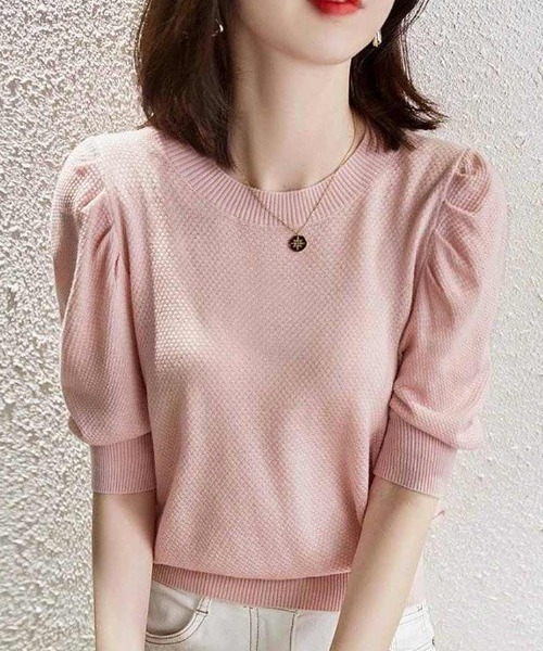 maison de LATIR（メゾンドラティール）の「パフスリーブ夏服半袖サマーニット（Tシャツ/カットソー・レディース・ホワイト/ブラック/ピンク・FREE）」の3枚目の写真