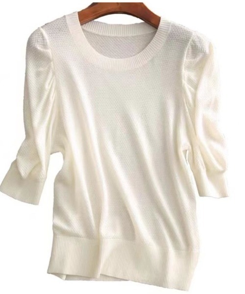 maison de LATIR（メゾンドラティール）の「パフスリーブ夏服半袖サマーニット（Tシャツ/カットソー・レディース・ホワイト/ブラック/ピンク・FREE）」の9枚目の写真